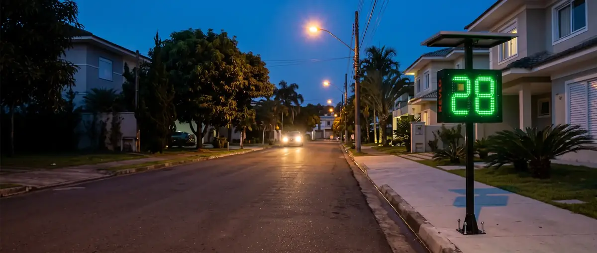 Lombada eletrônica em coluna na calçada de uma rua de condomínio ao anoitecer, mostrando 28 em LED verde para o carro que se aproxima